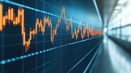 Orange candlestick chart displays market fluctuations against a blurred modern interior background