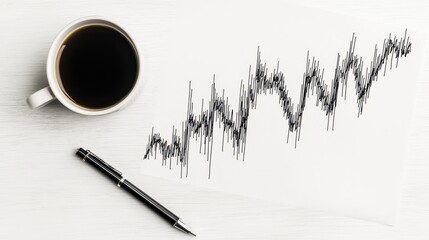 Overhead view of black coffee in a white mug a pen and a rising hand drawn financial chart on a white surface