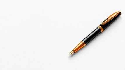 Black and gold fountain pen resting diagonally on a textured white surface with ample copy space 91 characters