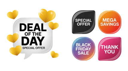 Deal Of The Day Special Offer With Hearts Mega Savings Black Friday Sale Thank You graphic “3D Sale and Offer Labels Collection – Promotional Speech Bubbles & Ribbon Badges”