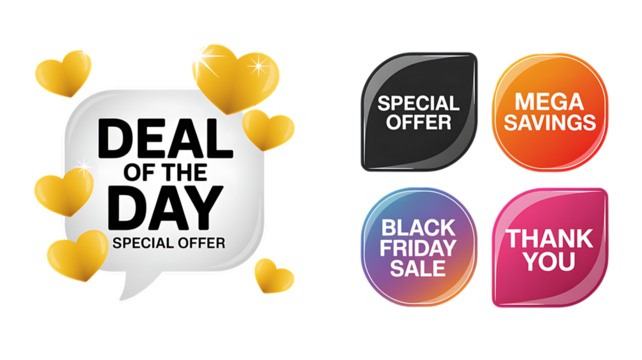 Deal Of The Day Special Offer With Hearts Mega Savings Black Friday Sale Thank You graphic “3D Sale and Offer Labels Collection – Promotional Speech Bubbles & Ribbon Badges”