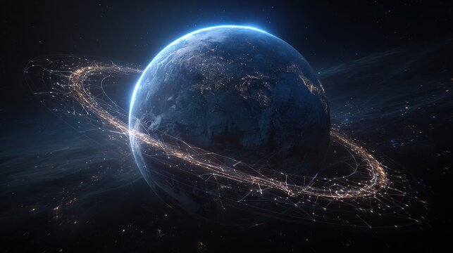 earth in space with glowing rings and network lines