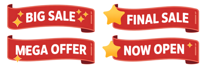Four red ribbon banners with white text for sales and promotions and yellow stars “3D Sale and Offer Labels Collection – Promotional Speech Bubbles & Ribbon Badges”