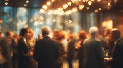 Blurred elegance: a professional crowd networking and socializing during an event reception with sparkling lights above their heads. High quality