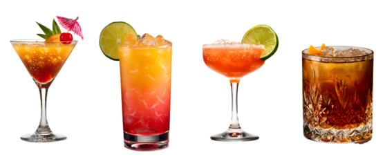 Colorful tropical cocktails isolated on white background, refreshing summer drinks cut out, transparent PNG