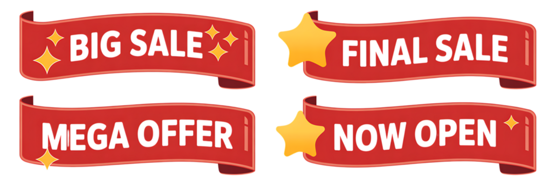 Four red ribbon banners with white text for sales and promotions and yellow stars “3D Sale and Offer Labels Collection – Promotional Speech Bubbles & Ribbon Badges” - Powered by Adobe