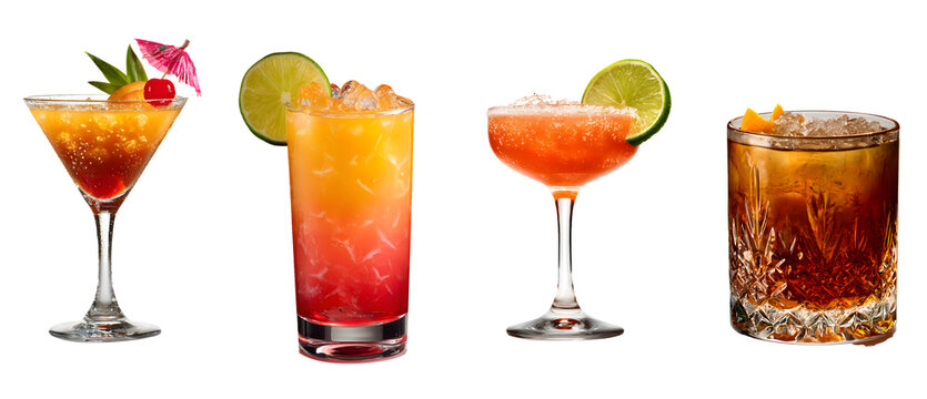 Colorful tropical cocktails isolated on white background, refreshing summer drinks cut out, transparent PNG