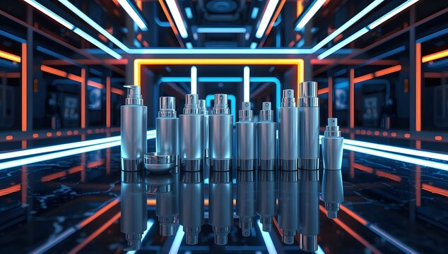 A futuristic high-tech LED lab background with reflective surfaces and glowing blue accents