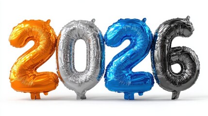 2026 metallic number balloons in orange silver blue and black on white background festive decoration for events and celebrations