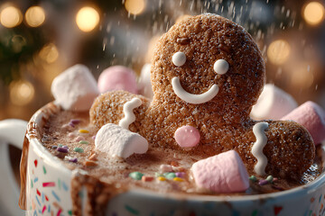 Gingerbread man in a cup of hot chocolate or cocoa. AI generated