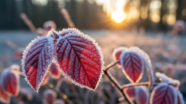 Frosted red leaves are dusted with ice crystals against blurred light