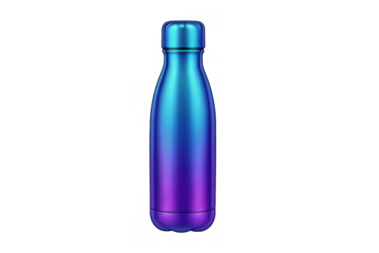 Reusable insulated water bottle in a blue and purple gradient color, reflecting light and offering hydration, transparent background