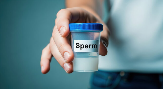 Close up of a hand holding a plastic container labeled 'sperm' for medical testing or fertility treatment purposes