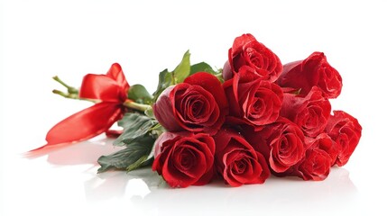 Beautiful photo of elegant bouquet of red roses with a glossy ribbon perfect for expressing love and appreciation on special occasions isolated on white background.