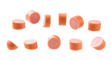 sliced boiled sausage isolated on white background.