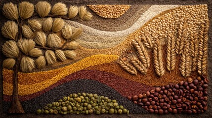Beautiful photo of vibrant display of grains and seeds showcases nature's bounty in an artistic arrangement.
