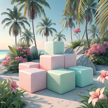 Colorful Pastel Cubes Set Against a Vivid Tropical-Inspired Backdrop, Ai Generated