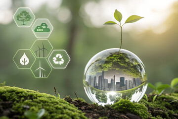 Green city growth within crystal ball on mossy ground with icons