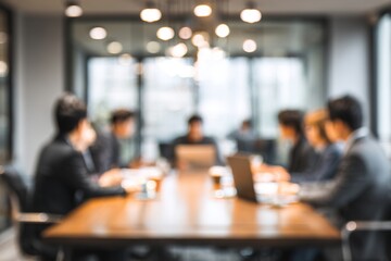 Blur office meeting blurred background with business people working group in boardroom discussion for teamwork brainstorming, executive seminar or professional training in small startup enterprise