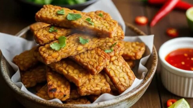 Stack of fried tempeh garnished with parsley served with a red sauce