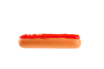 boiled sausage with ketchup isolated on a white background.