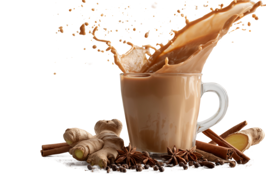 Spicy Indian Masala Chai Splashing in a Glass Mug with Whole Spices