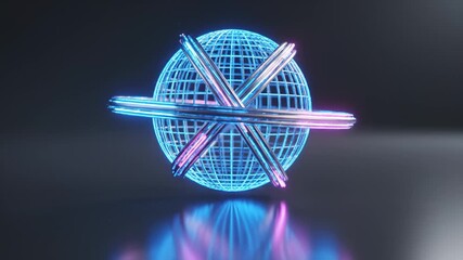 Neon Sphere Rotating With Silver Rings Around Wireframe Globe - Powered by Adobe