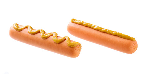 boiled sausage with mustard isolated on a white background.