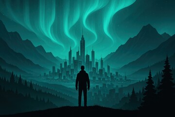 Spectacular Northern Lights over City: The majestic skyline of a city is framed against the awe-inspiring backdrop of the Northern Lights, as a silhouette stands in contemplation.