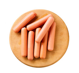 whole boiled sausages on a cutting board isolated on white background, top view.
