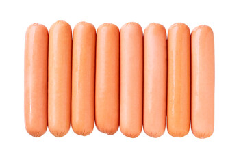 whole boiled sausages isolated on white background, top view.