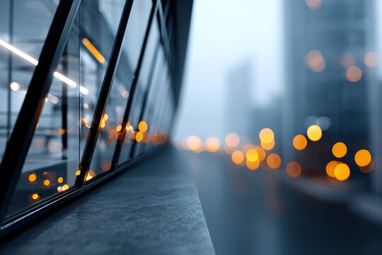 Defocused glass building interior with lights for futuristic virtual background
