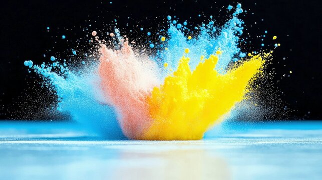 A dynamic burst of blue, pink, and yellow powder explodes against a dark background, creating a vibrant and energetic visual.