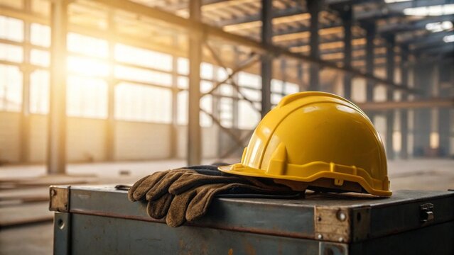 Construction safety equipment industrial site toolbox close-up blurred steel structure warm lighting safety and protection