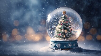 magical winter snow globe with decorated christmas tree inside surrounded by sparkling snowflakes festive holiday greeting card and christmas postcard design for seasonal posters flyers mockups an