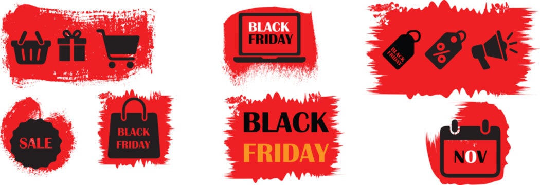 Black Friday sale icons set on red brush stroke background, shopping cart, discount tag, calendar, and sale badge vector illustration for ecommerce promotion design