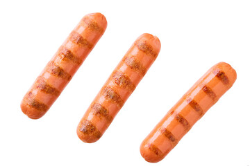 Grilled sausages, isolated on white background, top view.