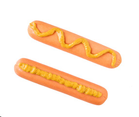 boiled sausage with mustard isolated on a white background., top view.
