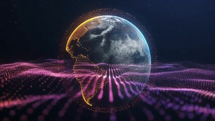 Dynamic particle wave converging into a glowing globe representing digital connection global data networks and energy flow ideal for technology innovation and futuristic design themes - Powered by Adobe