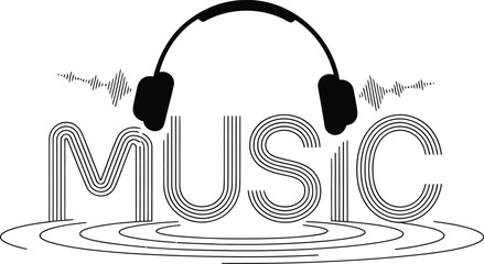 Black and White Graphic of Headphones and the Word "MUSIC" with Sound Waves