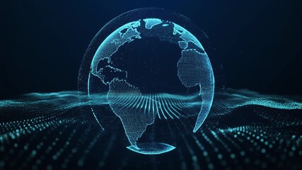 Dynamic particle wave converging into a glowing globe representing digital connection global data networks and energy flow ideal for technology innovation and futuristic design themes - Powered by Adobe
