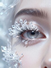 Enchanting Close-up of an Eye Adorned with Icy Crystal Lash Clusters and Glittery Eyeshadow for a Winter Fantasy Theme
