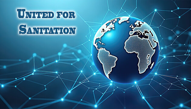 Global earth illustration with network connections and text about sanitation awareness