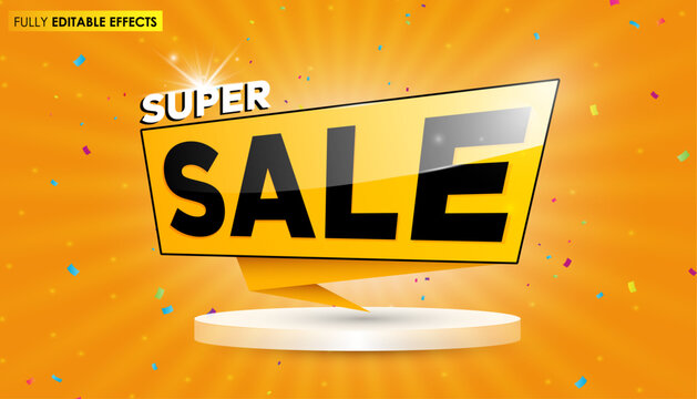 Super sale banner on podium with confetti, bright promotional background template
