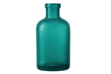 Teal glass bottle with water drops on transparent background, empty container for liquid, beverage or perfume