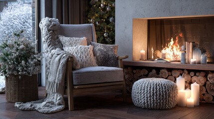 cozy living room corner featuring a soft knitted armchair near a warm fireplace with a serene winter backdrop christmas and new year winter wonderland