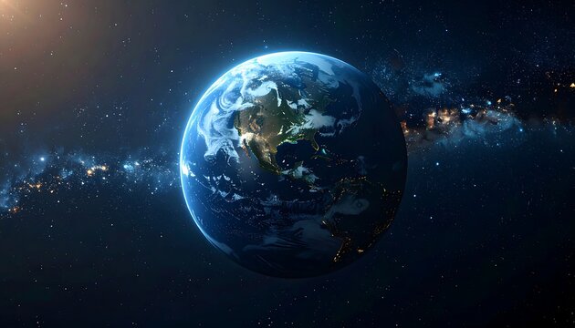 A vibrant depiction of Earth suspended in the cosmic expanse, showcasing continents, oceans, and swirling cloud formations. Nebulous stars frame the blue planet - Powered by Adobe