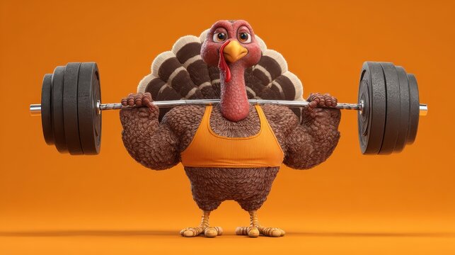 a fun muscular cartoon turkey lifts a heavy barbell showcasing its strength in a bright orange tank top perfect for fitness thanksgiving humor or gymrelated themes with a playful twist