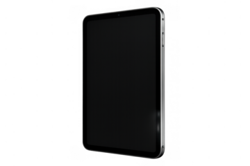 Tablet computer device with blank screen in vertical orientation, displaying digital content on a modern mockup with transparent background