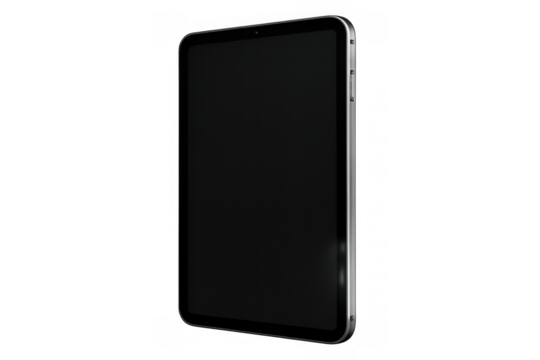 Tablet computer device with blank screen in vertical orientation, displaying digital content on a modern mockup with transparent background